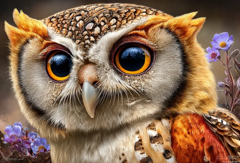 A close-up, photorealistic portrait of a cute owl with large,