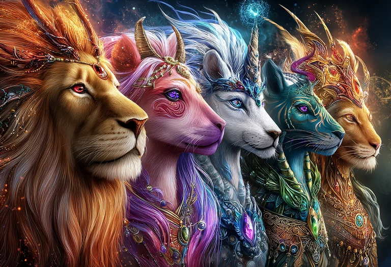 A majestic procession of five anthropomorphic feline creatures, each