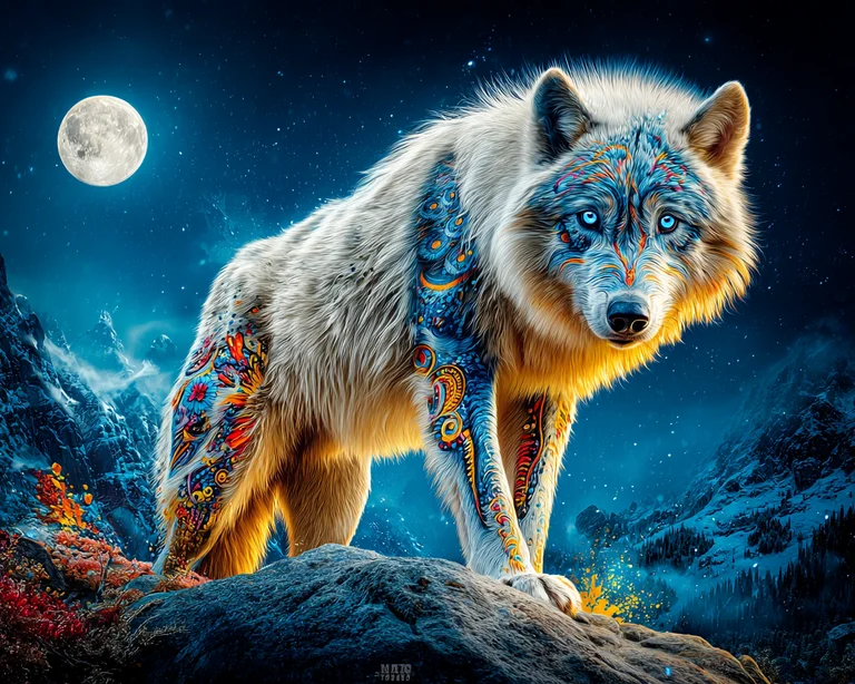 A majestic wolf with intricate, colorful tribal markings stands on a