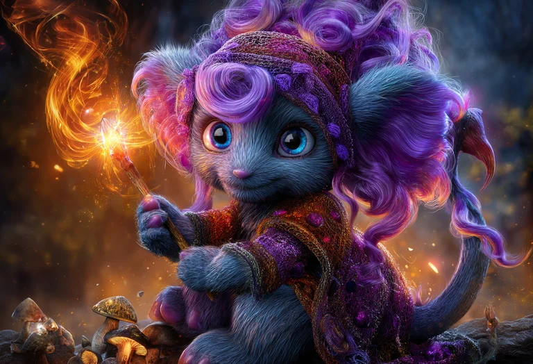 A small, fluffy, blue creature with large, expressive blue eyes and