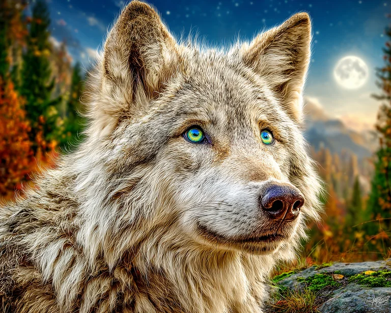 A close-up portrait of a majestic wolf with striking blue-green eyes