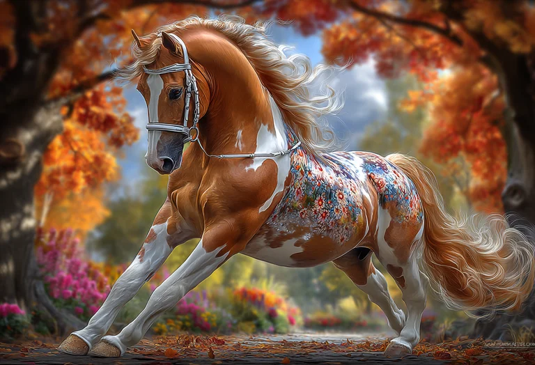 A majestic chestnut and white horse with a flowing mane and tail is