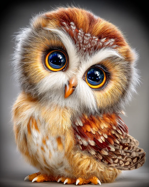 A close-up, photorealistic portrait of an adorable baby owl
