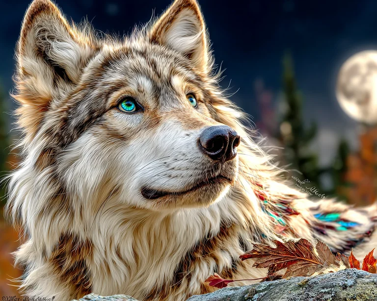 A majestic wolf with striking blue eyes gazes into the distance under