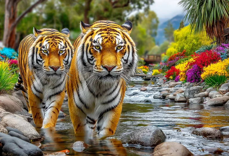 Two majestic tigers walk through a shallow, rocky stream