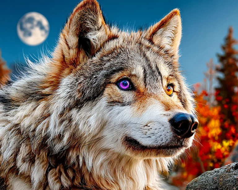 A close-up portrait of a wolf with heterochromia, featuring one