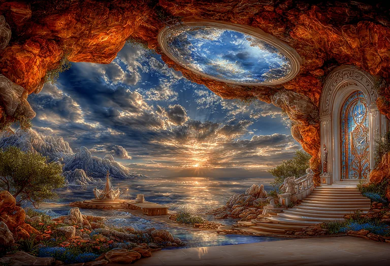 A breathtaking fantasy landscape unfolds from within a rocky cave,