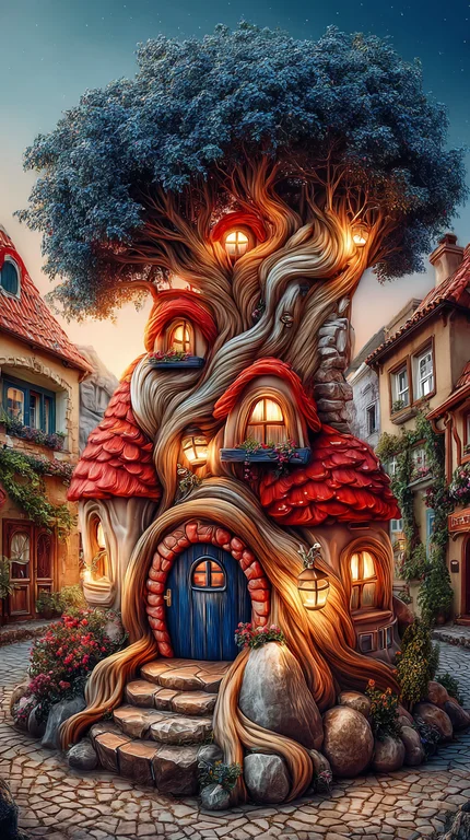 A whimsical treehouse dwelling is integrated into a large, ancient