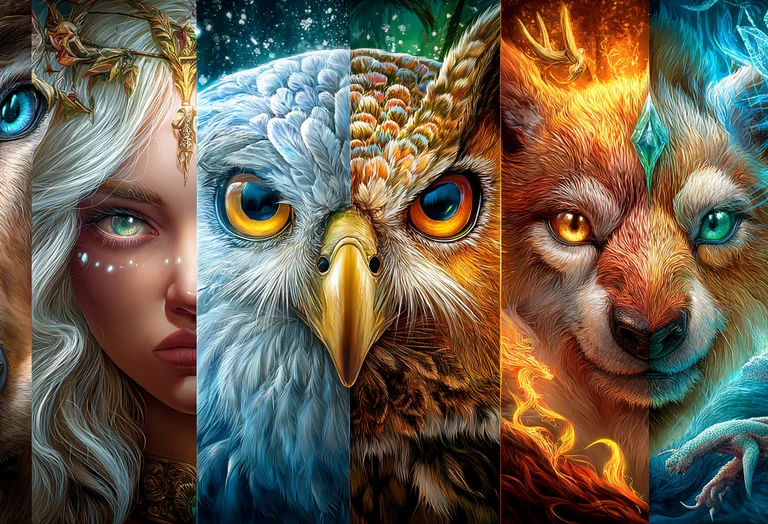 A striking composite image featuring a montage of mythical beings and
