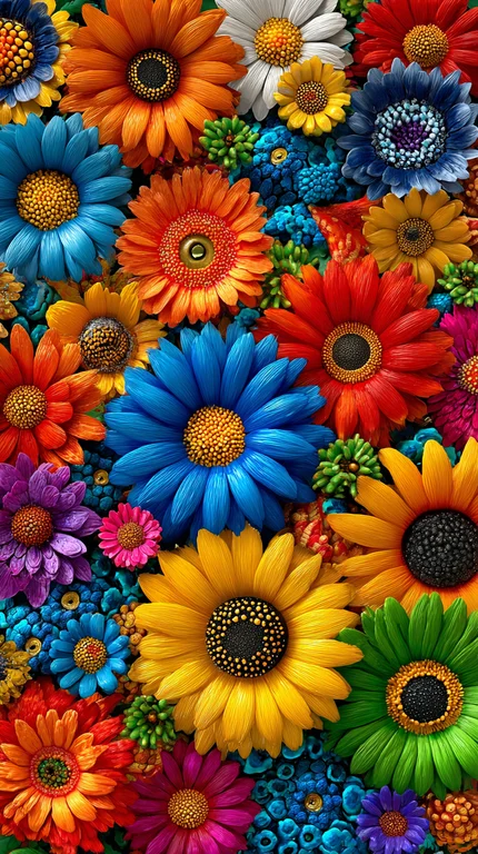 A vibrant and densely packed arrangement of various colorful flowers