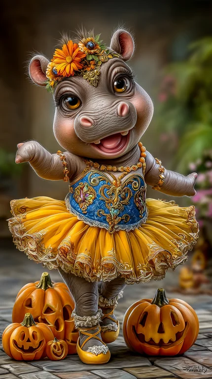 A whimsical baby hippopotamus dressed as a ballerina stands among