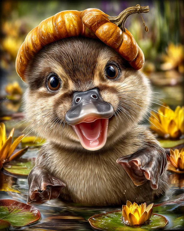 A cute, fluffy baby platypus wearing a pumpkin hat is peeking out of