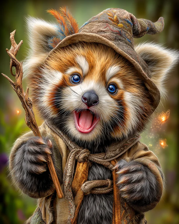 A whimsical red panda dressed as a wizard stands in a magical forest