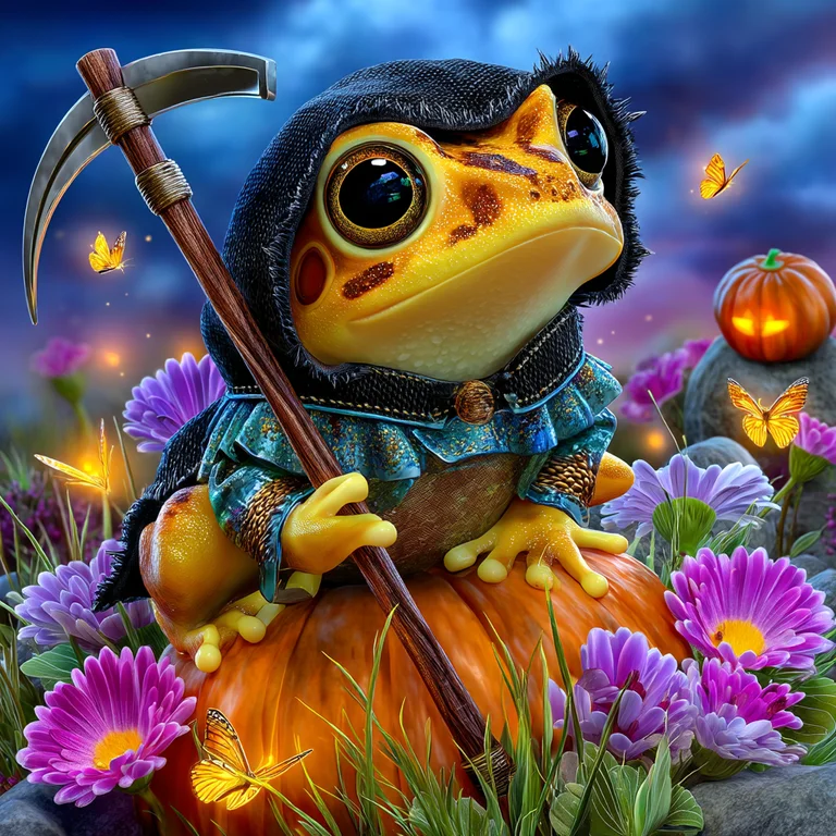 A whimsical frog dressed as the Grim Reaper sits on a pumpkin,
