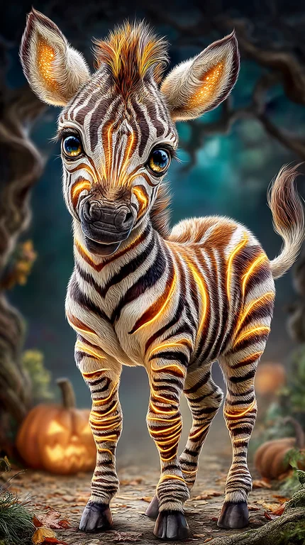 A stylized, glowing baby zebra stands in a forest clearing during
