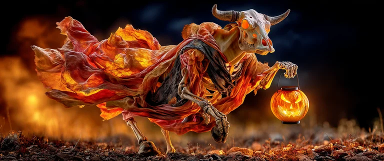 A skeletal creature with a bull's skull for a head, draped in fiery,