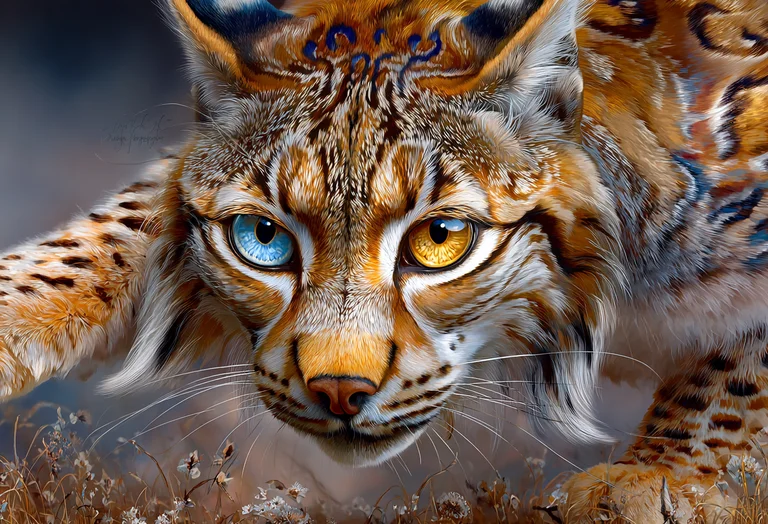 A close-up, intensely detailed portrait of a lynx with heterochromia,