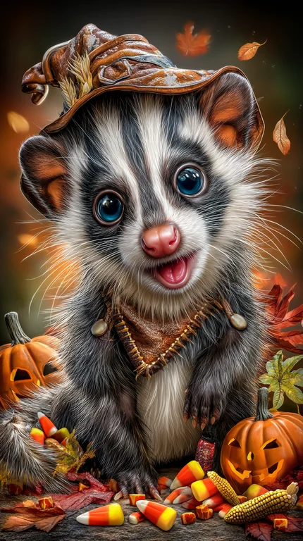 A cute, fluffy creature resembling a badger or raccoon is dressed in