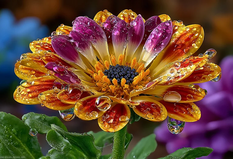 A close-up, macro photograph of a vibrant flower covered in numerous