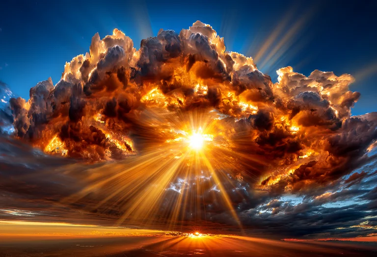 A dramatic and powerful sunburst pierces through a massive, fiery