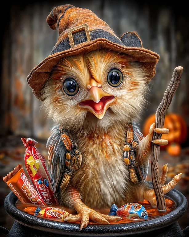 A cute, fluffy chick dressed as a witch sits in a cauldron filled