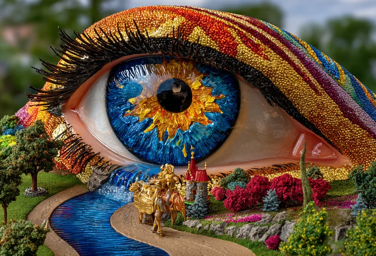 A highly detailed, surreal sculpture of a giant eye dominates the