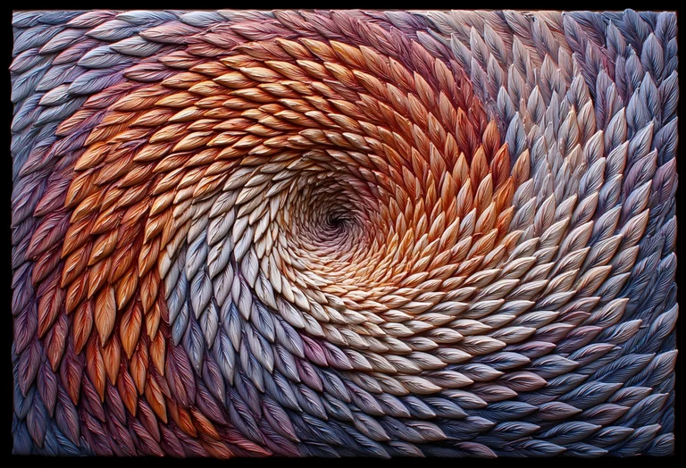 A highly detailed, textured abstract artwork features a swirling