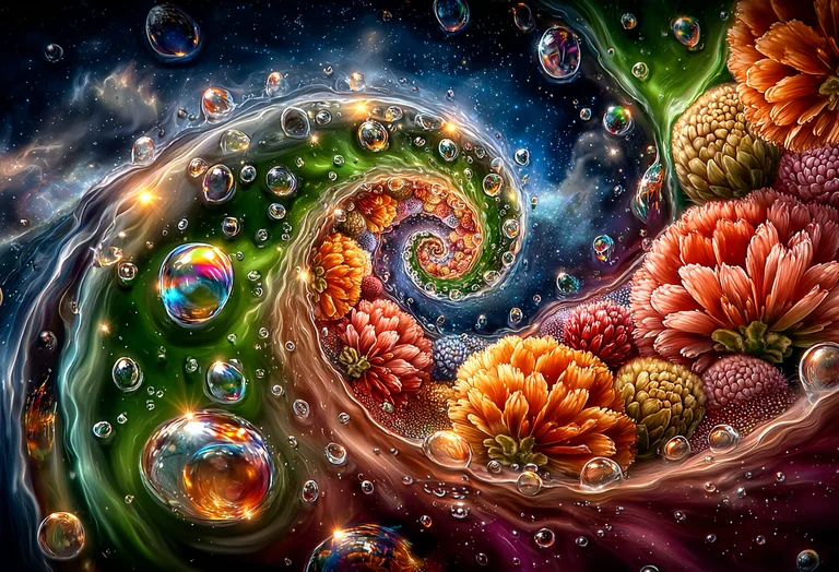 A cosmic spiral unfolds, blending celestial nebulae with vibrant,