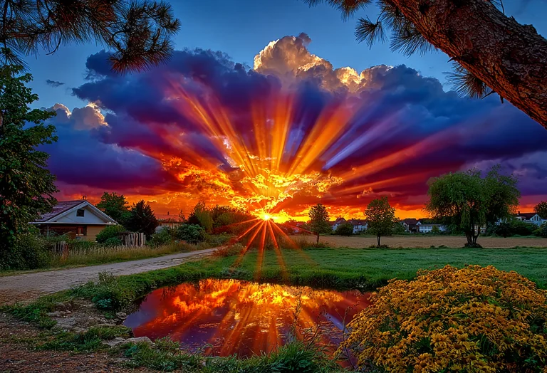 A dramatic sunset paints the sky with vibrant orange, yellow, and