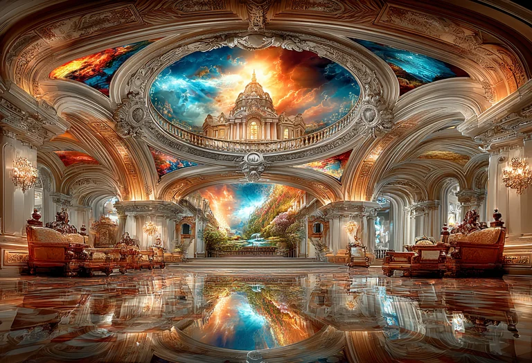 An opulent, grand hall with ornate architecture and a breathtaking