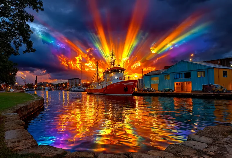 A vibrant and dramatic scene unfolds at a harbor as a red fishing