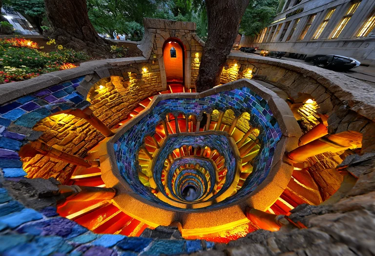 A dramatic, downward-looking view into a vibrant, mosaic-tiled spiral