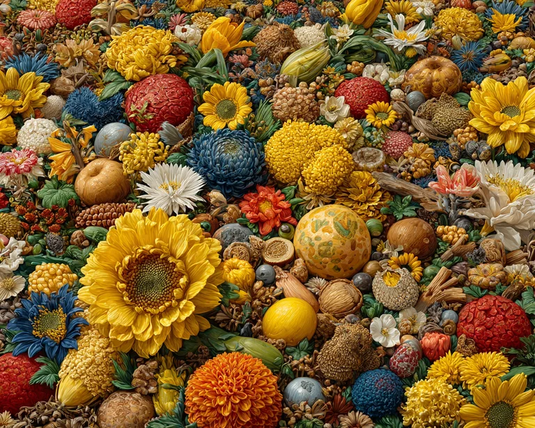 A highly detailed, top-down view of a dense arrangement of various