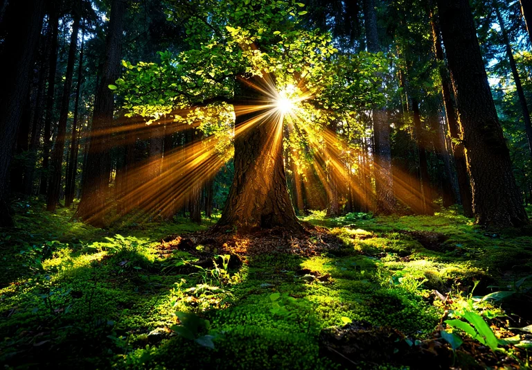 Sunbeams dramatically pierce through the canopy of a dense forest,