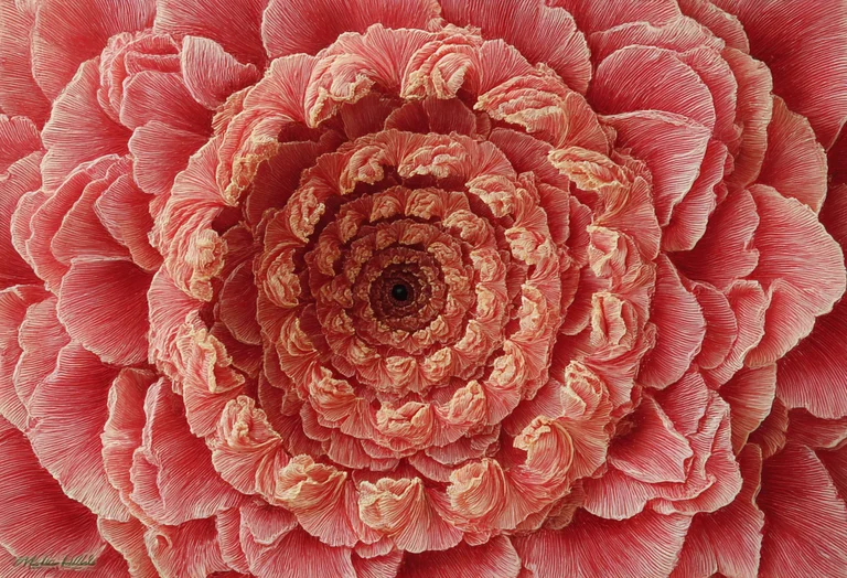 A highly detailed, extreme close-up view of a vibrant pink flower's