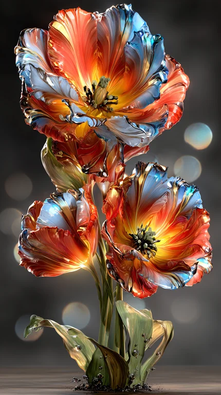 A close-up, photorealistic depiction of three vibrant tulips with an