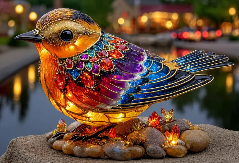A highly detailed, jewel-encrusted bird sculpture is illuminated from