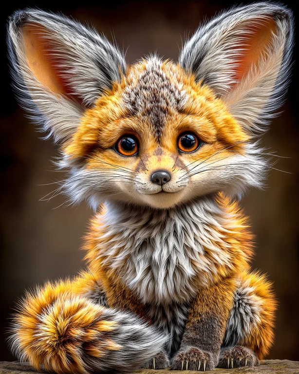 A close-up, photorealistic portrait of a fennec fox kit