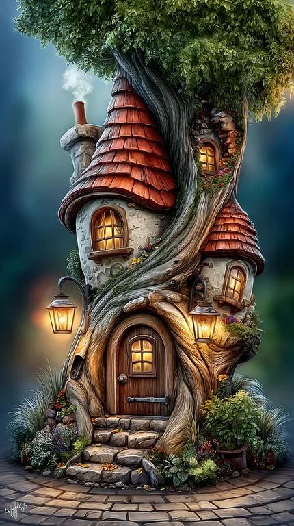 A whimsical, multi-story treehouse dwelling is nestled within the