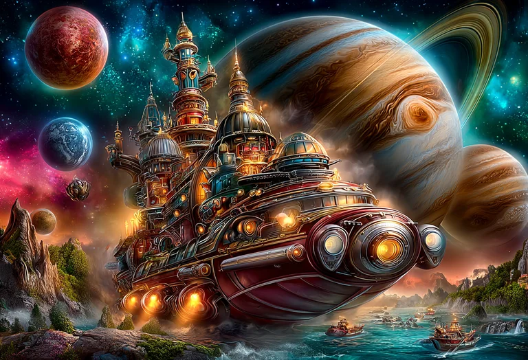 A colossal, ornate steampunk airship resembling a floating castle
