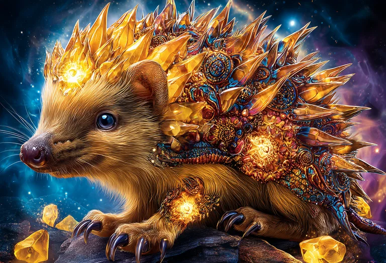 A majestic hedgehog adorned with intricate golden armor and glowing