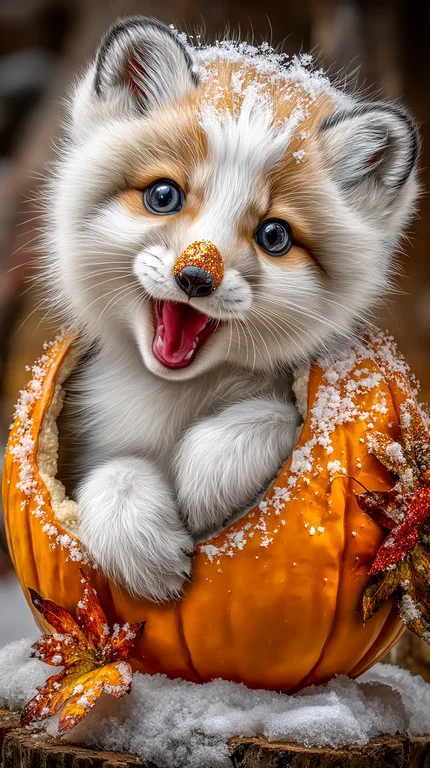 A very cute and fluffy baby fox is peeking out of a hollowed-out