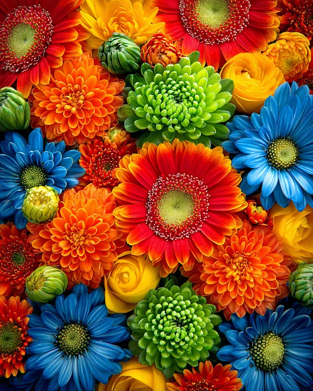 A vibrant, close-up arrangement of various colorful flowers