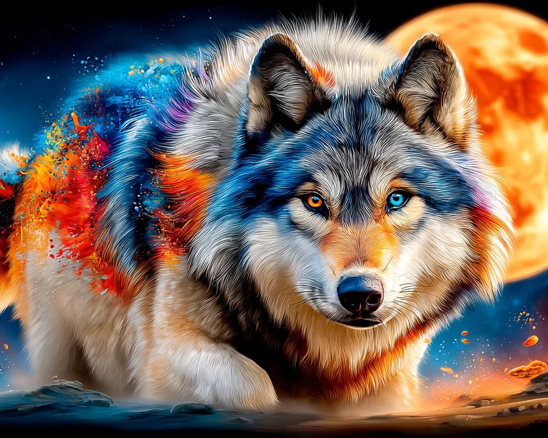 A majestic wolf with striking heterochromia, one eye blue and the
