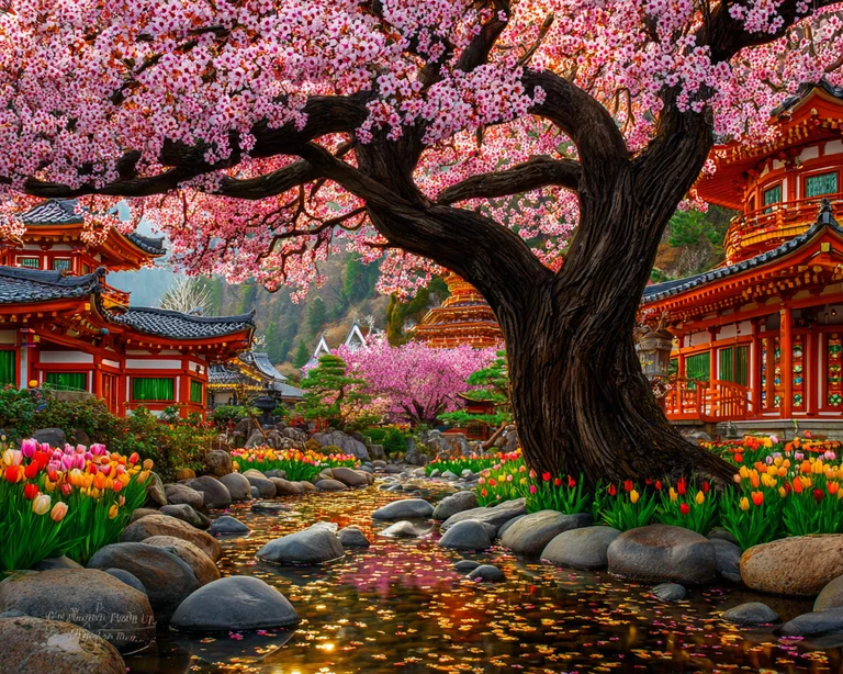A serene Japanese garden scene unfolds with a majestic cherry blossom