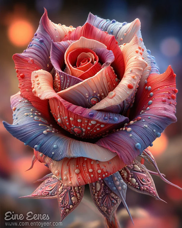 A highly detailed, fantastical rose with petals in swirling shades of