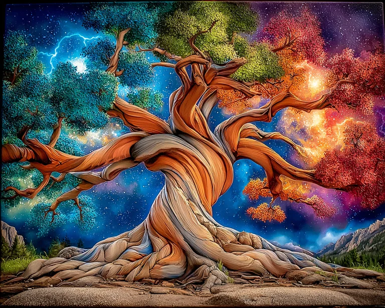 A majestic, gnarled tree stands as the central subject, its branches