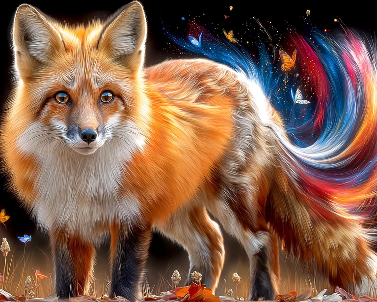 A majestic fox stands in a dark, ethereal setting