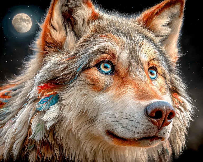 A close-up portrait of a majestic wolf with striking blue eyes and