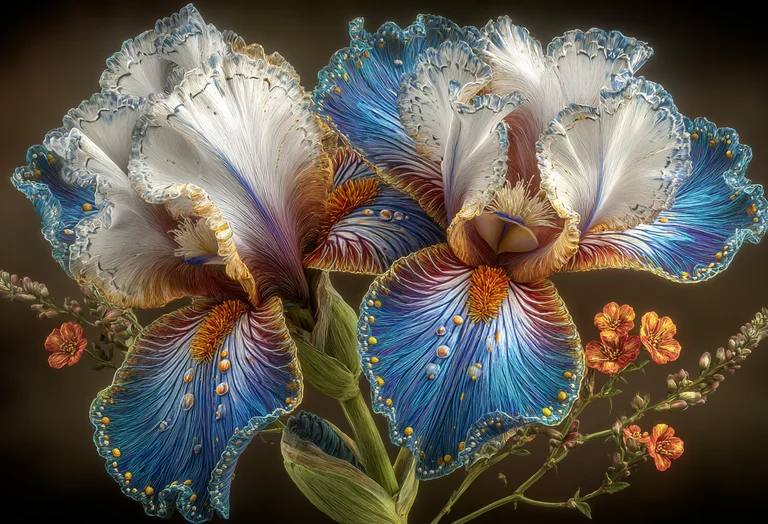 A close-up, highly detailed image showcases two large, ornate iris